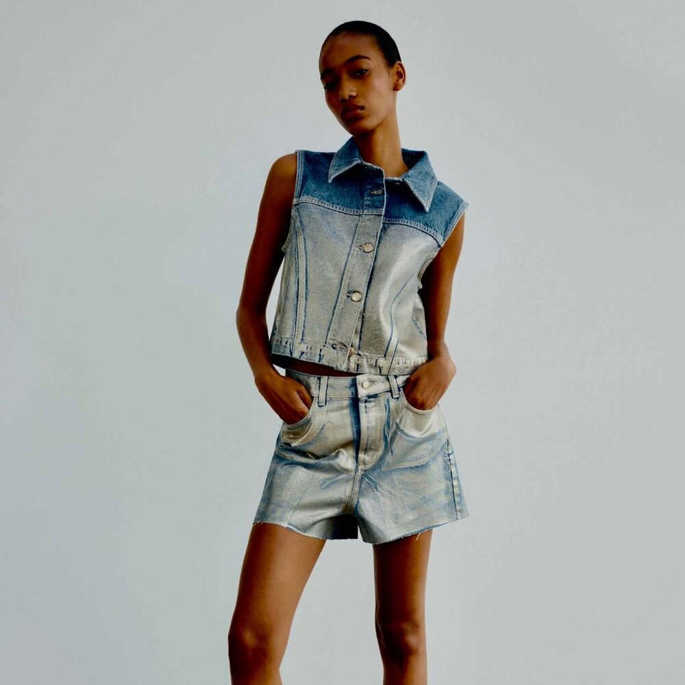 Zara Z1975 High Waist Foil Waxed Denim Shorts